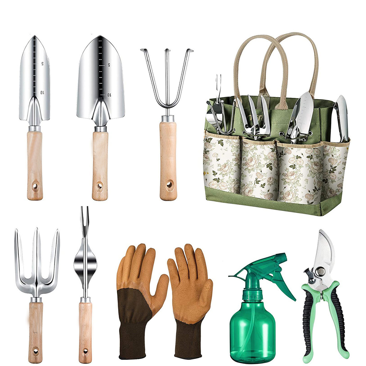 Gardening Tools Hand - 9ピースガーデニングツールセット、頑丈なステンレス鋼製ハンドツール、耐久性のある収納バッグ、女性用滑り止めゴム手袋付き