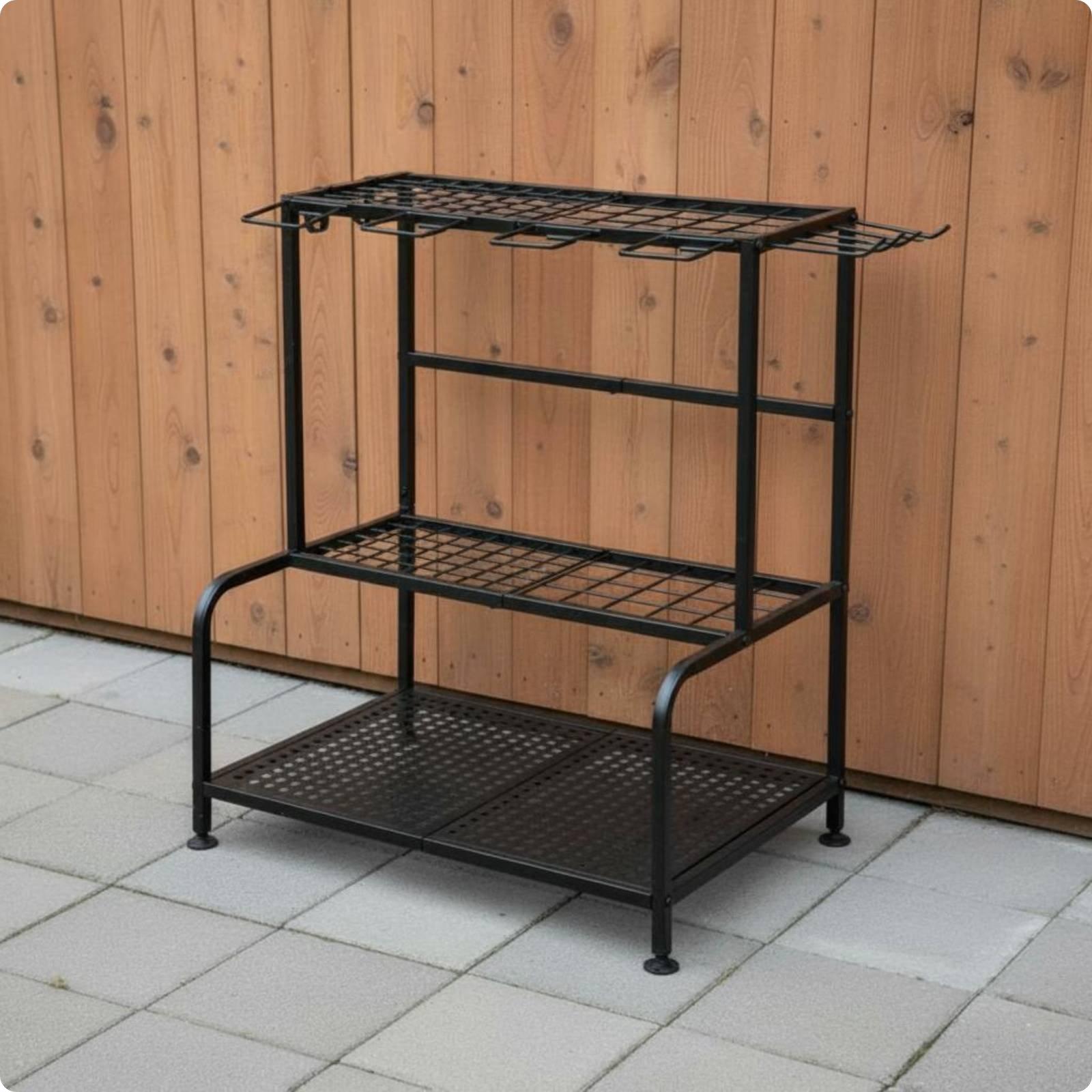 Gardening Tools Rack - 金属製ガーデンツールラック、調節可能な脚付き、転倒防止設計、多層ツールホルダー、パティオ、物置用
