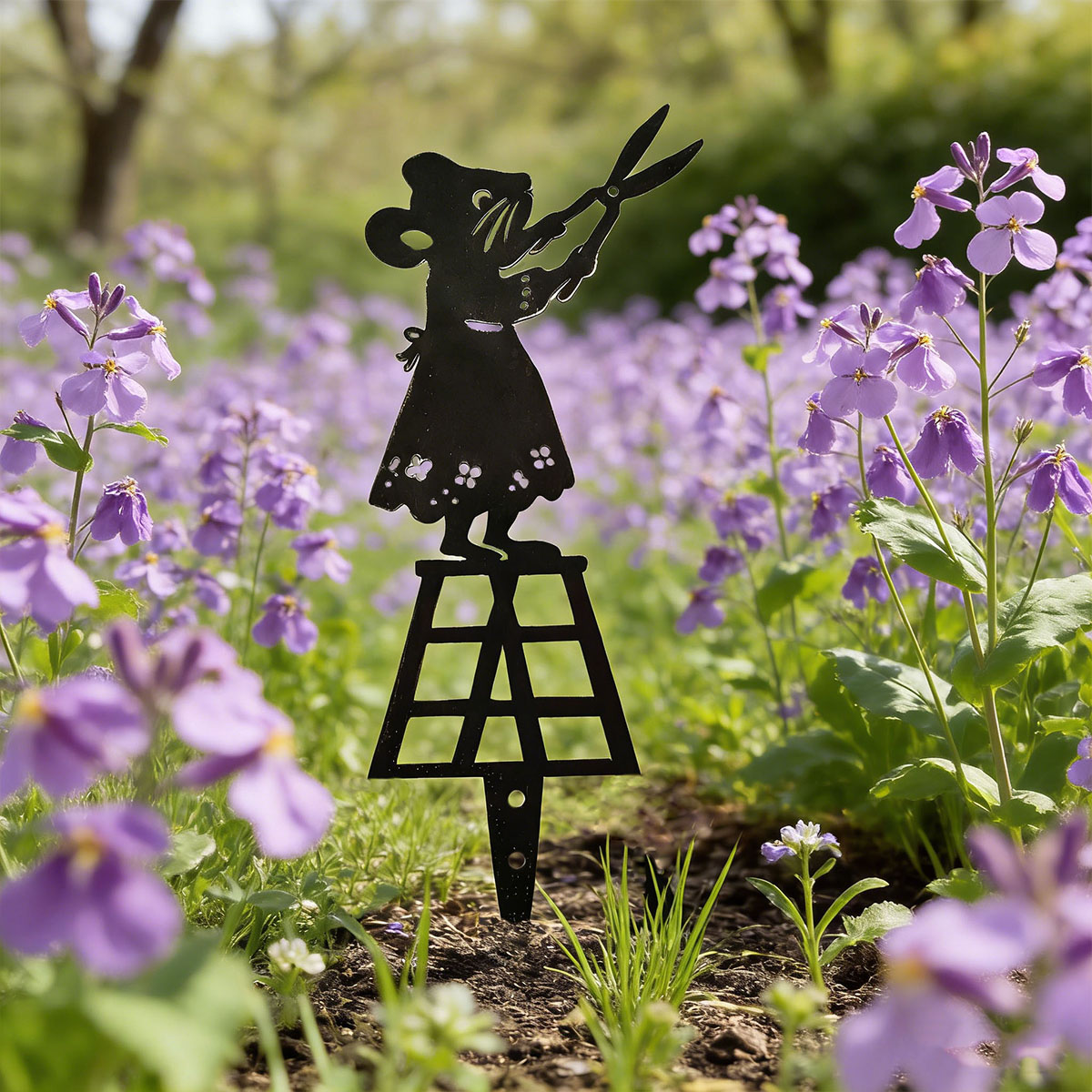 Gardening Tools Hand - ブラックシルエットラインメタルガーデンコラム、ハサミ付きマウスデザイン、装飾アート芝生サイン、クリエイティブな動物彫刻メタルオーナメント、フラワーポット、庭園、テーブルトップに最適